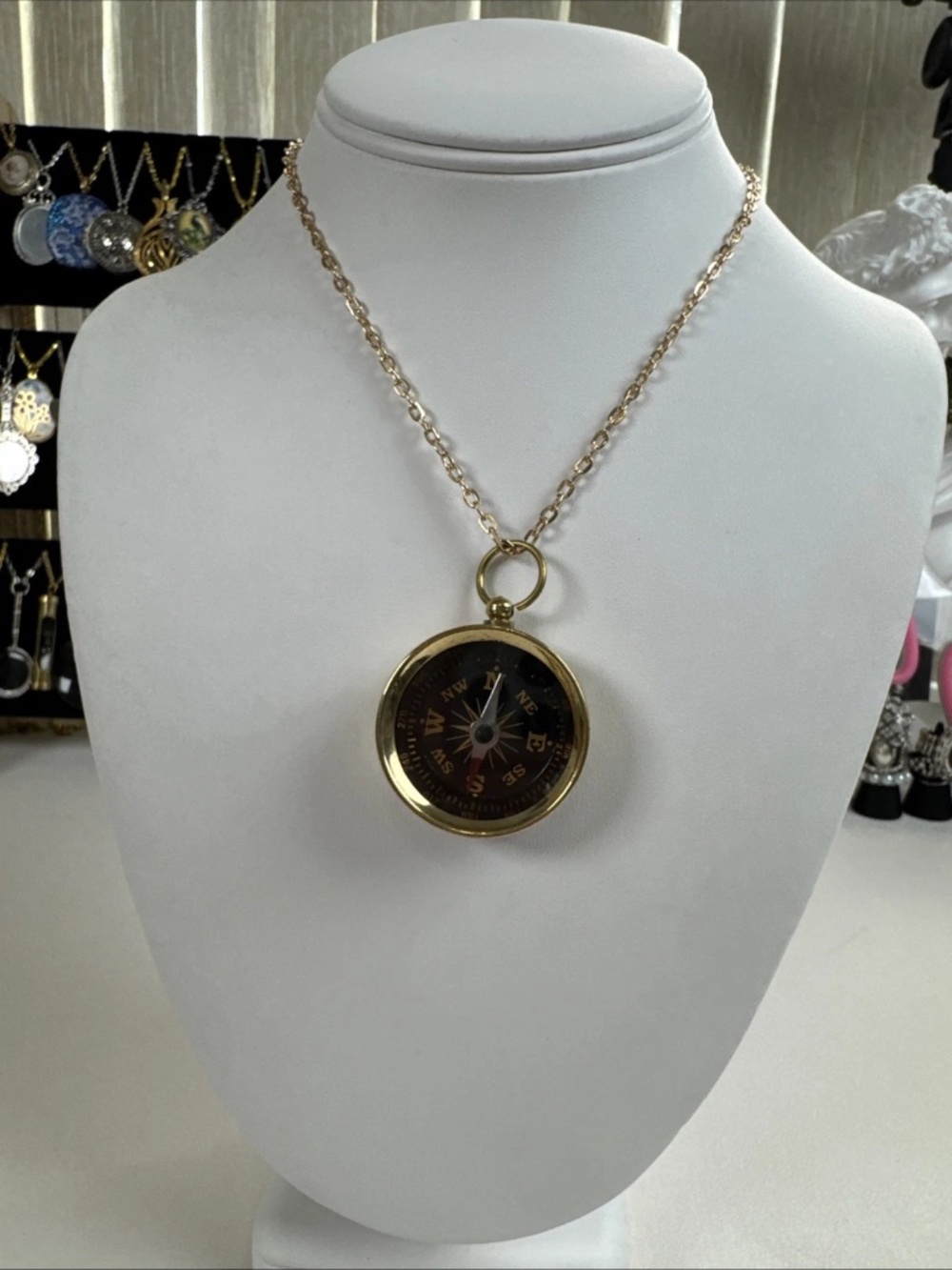 Brass Working Compass w/ Chain, Open Face, Gold Finish Necklace, Men’s Jewelry